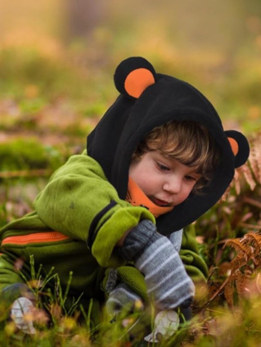 Kids Fleece Balaclava Hood with Bear Ears - Black & Orange